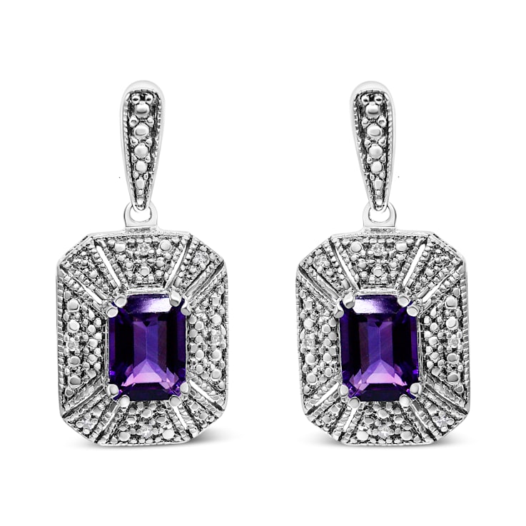 Sterling Silver Diamond Accent and 7x5mm Purple Amethyst Stud Earrings