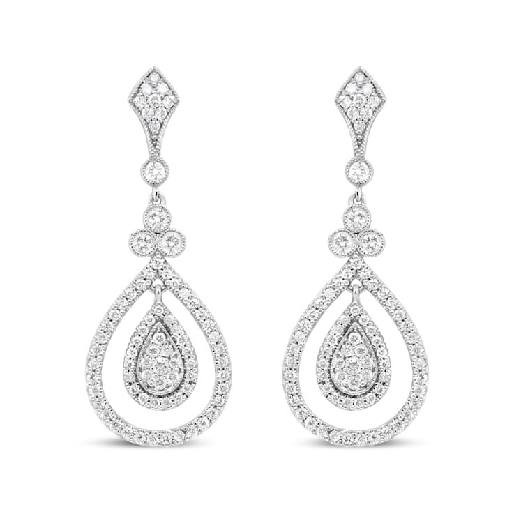 18K White Gold 1 1/4 Cttw Round Diamond Openwork Teardrop-Shaped Dangle Earrings
