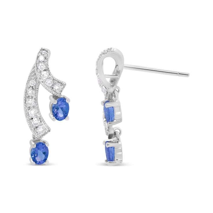 14K White Gold 4x3MM Oval Shaped Natural Blue Tanzanite Gemstone and
1/5ctw Diamond Stud Earrings