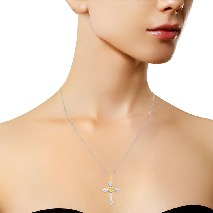 10k Yellow Gold Plated Sterling Silver 3/4 cttw Lab-Grown Diamond Cross
Pendant Necklace