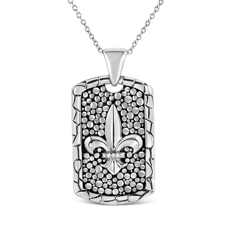 .925 Sterling Silver Invisible-Set Diamond Accent "Fleur Di
Lis" 18" Pendant Necklace Dog Tag
