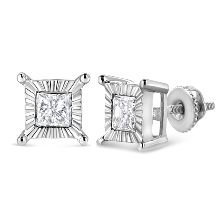 Sterling Silver 1.0ctw Miracle Set Princess-cut Diamond Solitaire Stud Earrings
