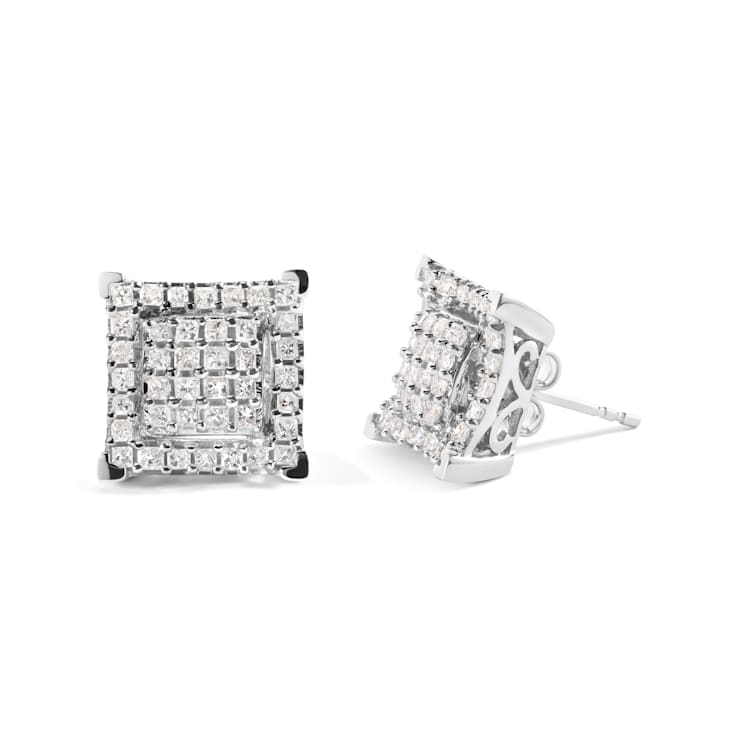 10K White Gold 1 1/4 Cttw Princess Diamond Composite Double Square and
Halo Stud Earrings