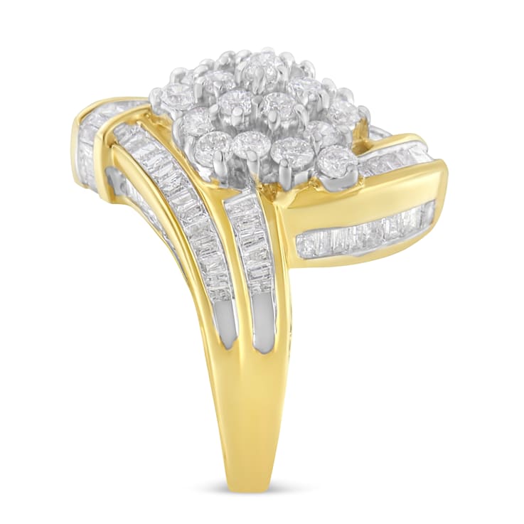 10K Yellow Gold Round and Baguette Diamond Crossover Cluster Ring (3ctw,
I-J Color, I1-I2 Clarity)