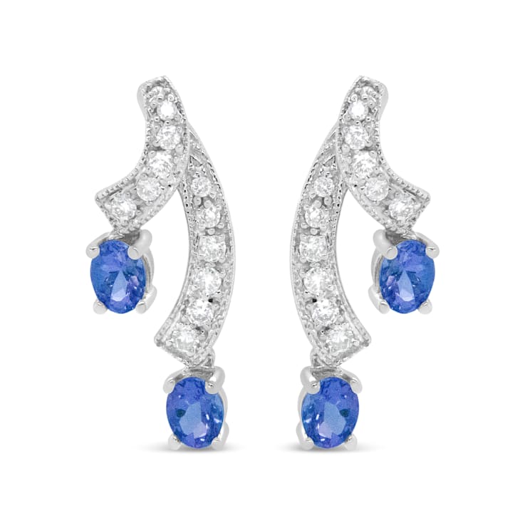 14K White Gold 4x3MM Oval Shaped Natural Blue Tanzanite Gemstone and
1/5ctw Diamond Stud Earrings