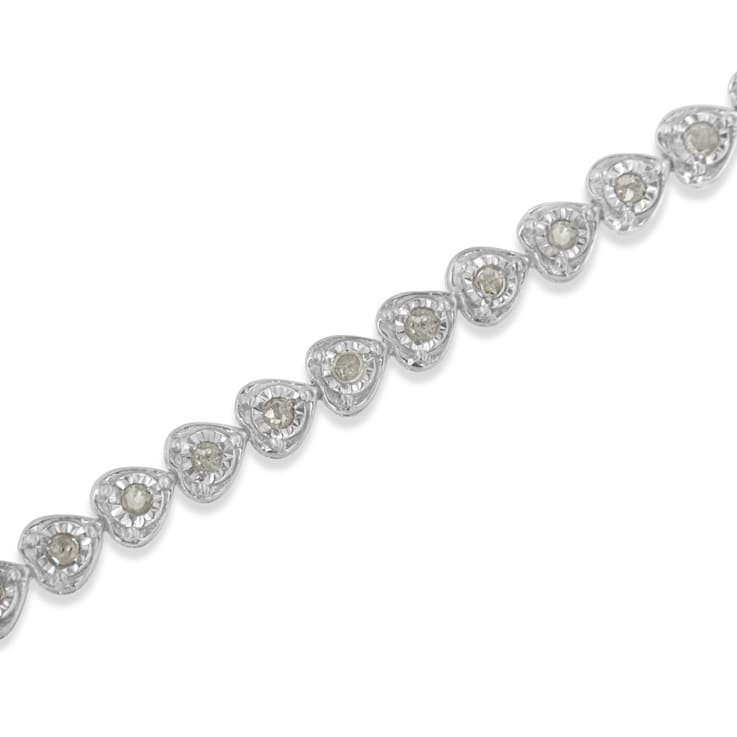 Rhodium Over Sterling Silver 1.0 Ctw Diamond Heart Tennis Bracelet