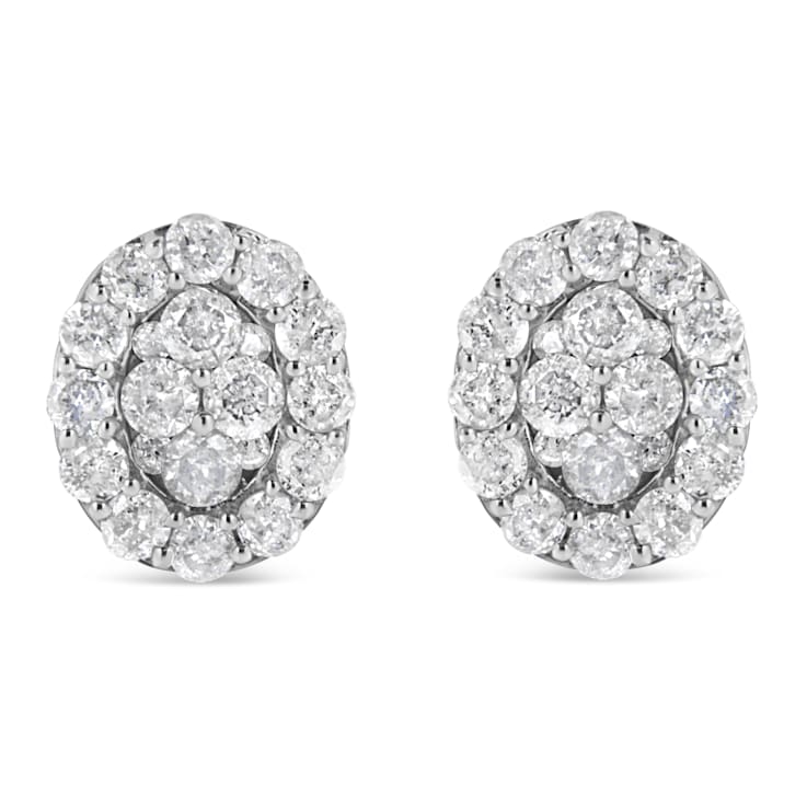 Sterling Silver 1 1/2ctw Round-Cut Diamond Oval Shaped Stud Earrings