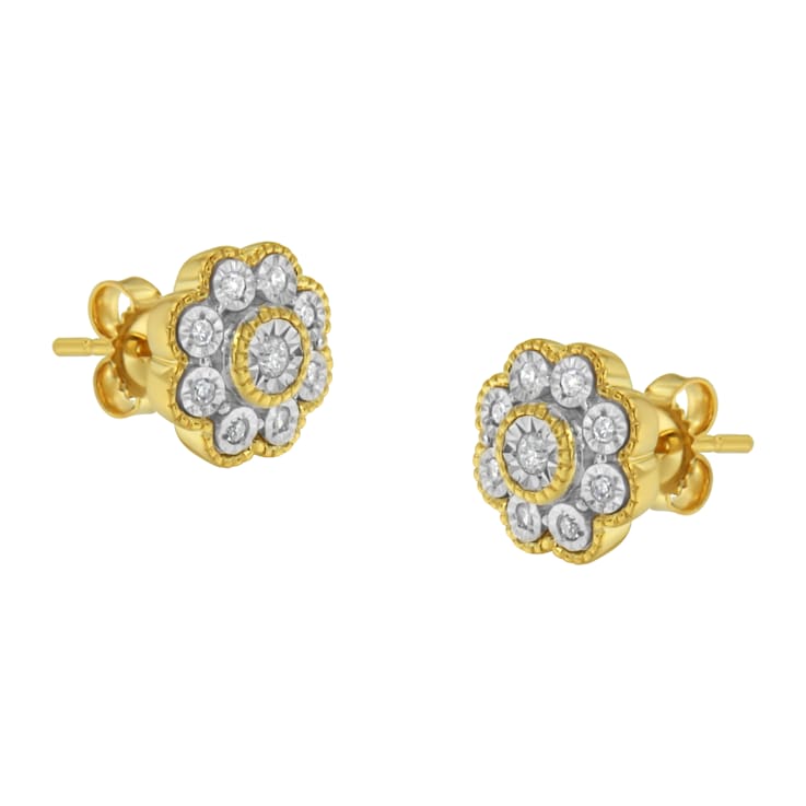14K Yellow Gold Over Sterling Silver 1/6ctw Miracle-Plate Set Diamond
Floral Stud Earrings