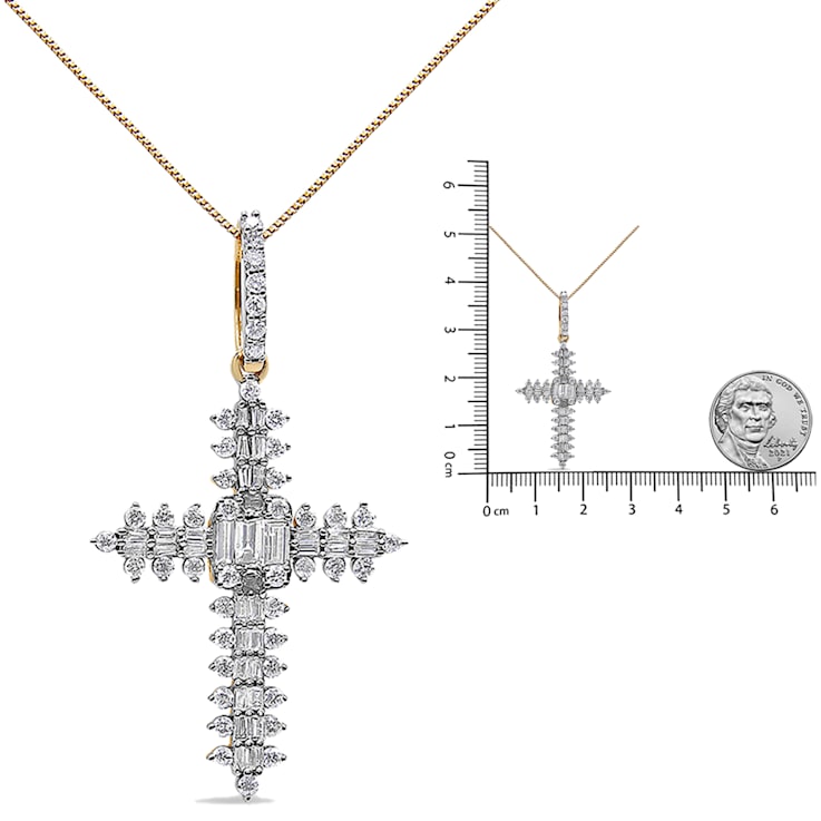 0.875ctw Round and Baguette Diamond Zigzag Cross 10K Yellow Gold Pendant