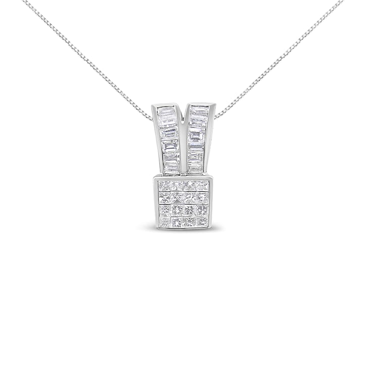 14K White Gold 1 5/8ctw Princess and Baguette Cut Diamond Heart Ribbon
Pendant w\chain(G-H, VS1-VS2)