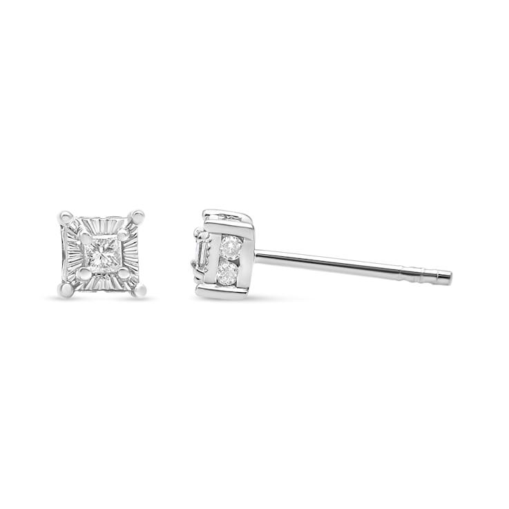 Sterling Silver 1/4ctw Miracle Set Princess-Cut Diamond Solitaire Stud
Earrings with Hidden Halo