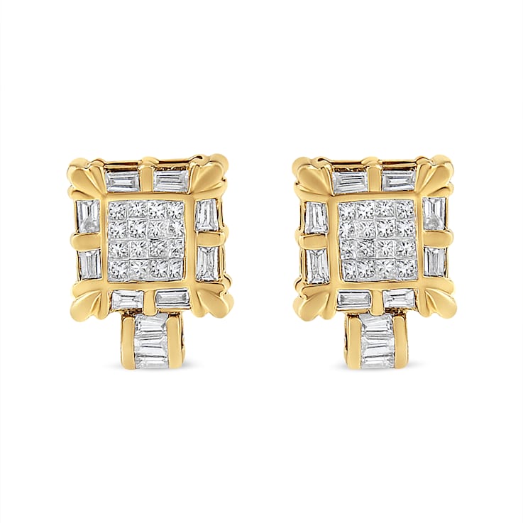14K Yellow Gold 7/8ctw Princess and Baguette-Cut Diamond Square Framed
Huggie Hoop Omega Earrings