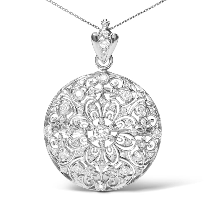 18K White Gold Diamond 1 5/6 Cttw Cluster Floral Filigree Brooch Pin and
18" Pendant Necklace