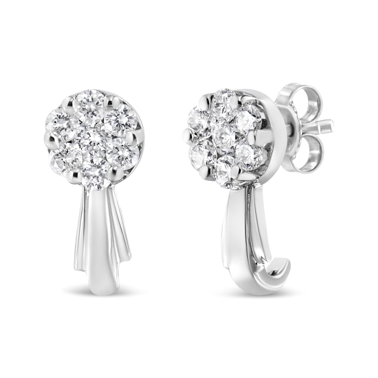 14K White Gold 3/4ctw Diamond Floral Cluster Drop and Dangle Stud Earrings