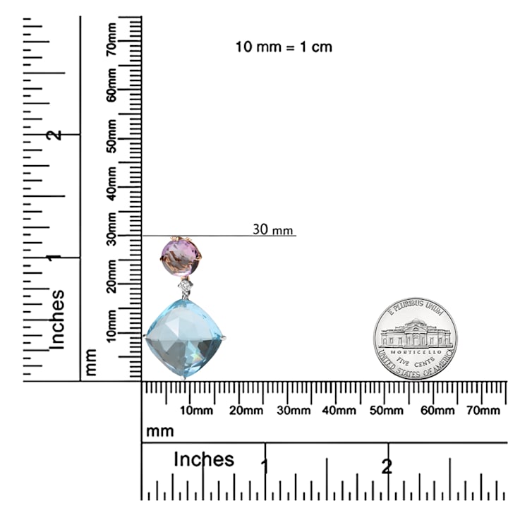 18K Two-tone Gold Cushion Cut Blue Topaz and Round Pink Amethyst with
Diamond Accent Dangle Pendant