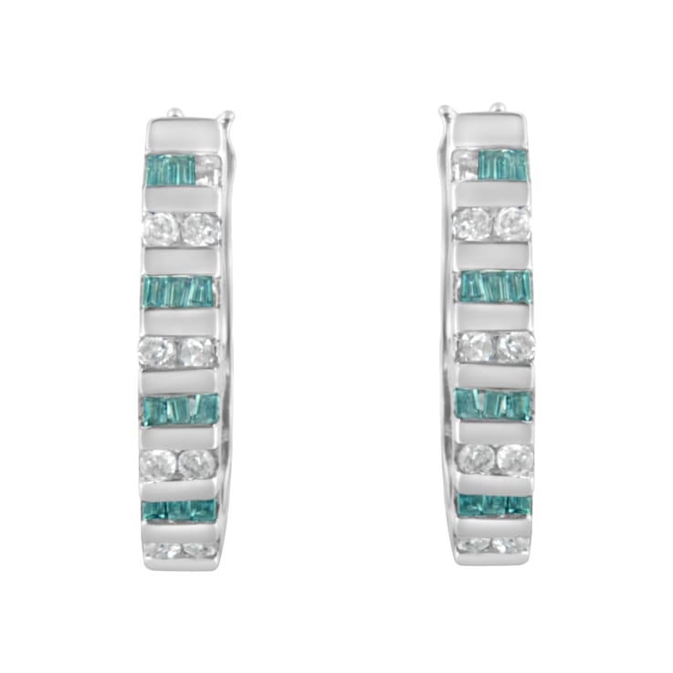 10k White Gold Round and Blue Baguette Diamond Hoop Earrings 0.50ctw