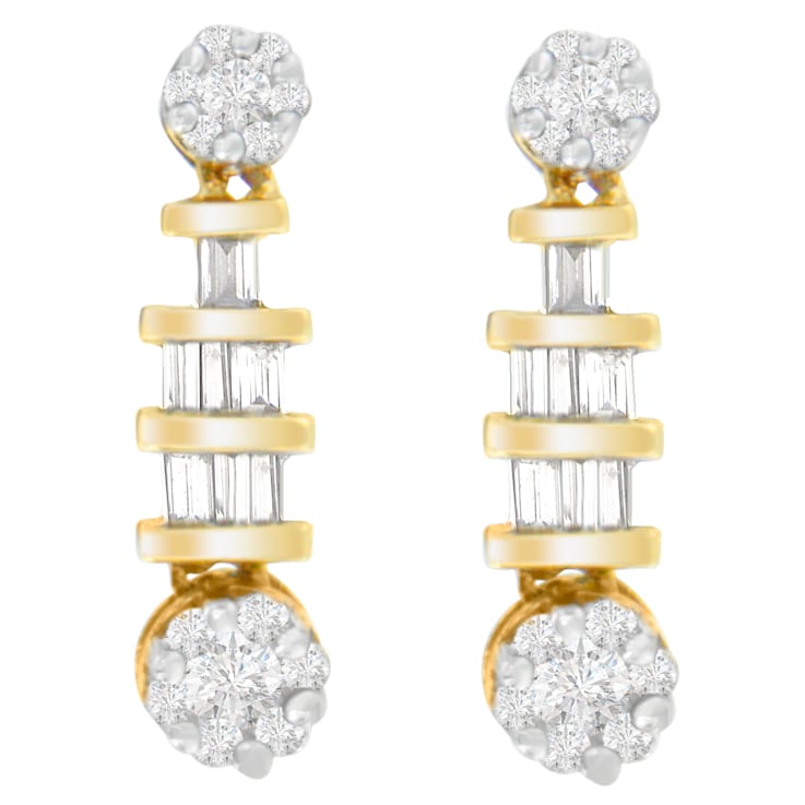 14K Yellow Gold 3/4ctw Round and Baguette-cut Diamond Earrings