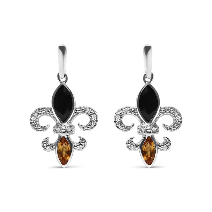Sterling Silver Marquise Cut Onyx and Citrine with Diamond Accent Fleur
De Lis Drop Stud Earrings