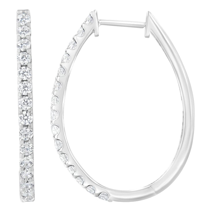 14K White Gold 2.0ctw Round Brilliant Cut Diamond Oblong Hinged
Leverback Hoop Earrings