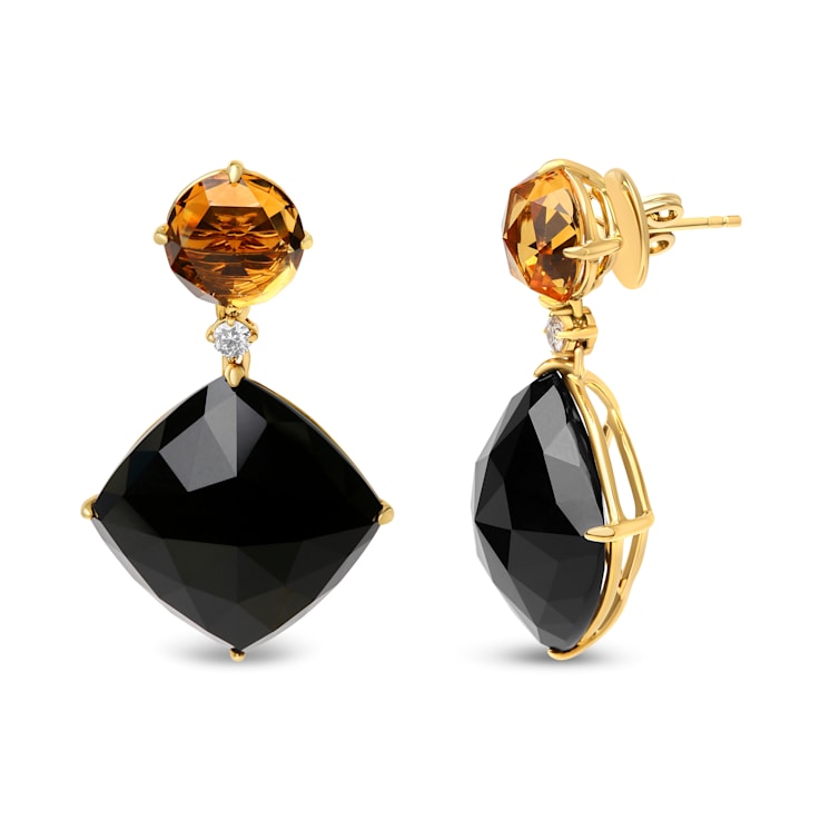18K Yellow Gold Round Citrine and Cushion Cut Onyx Gemstone with Diamond
Accent Dangle Earrings