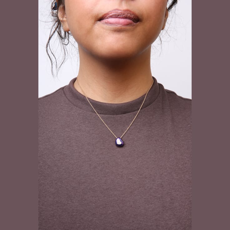 18K Yellow Gold Blue Enamel and Pave Round Diamonds Heart Design Pendant Necklace