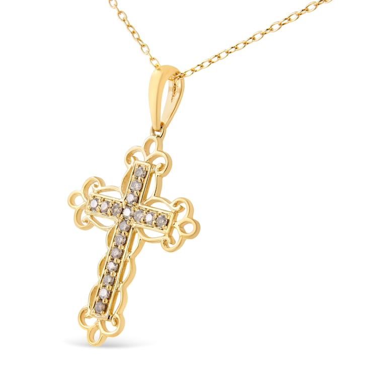 10K Yellow Over Sterling Silver 1/4ctw Champagne Diamond Filigree Cross
Pendant w\chain 18"