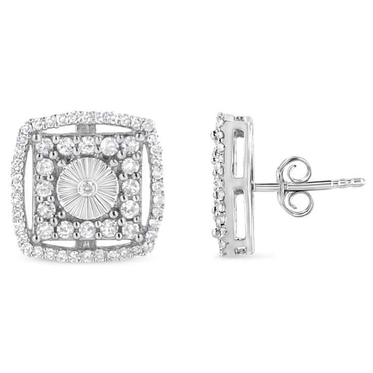 Sterling Silver 1.0ctw Round Diamond Double Halo and Disc Stud Earring