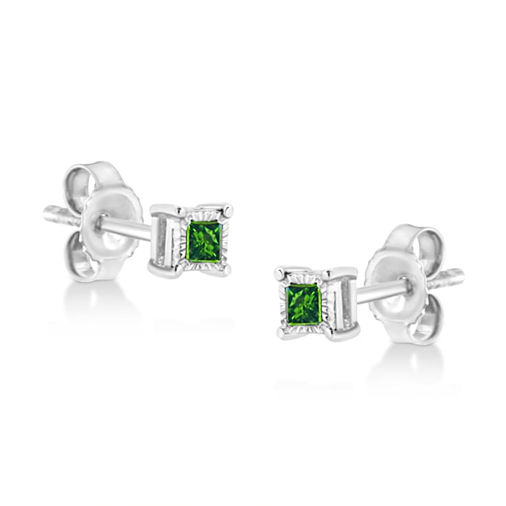 Sterling Silver 1/10ctw Miracle Set Princess-Cut Treated Green Diamond
Stud Earrings