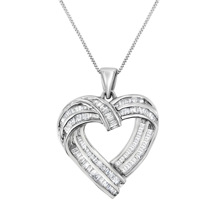 Sterling Silver 7/8ctw Baguette Diamond Heart Pendant Necklace (I-J, I2-I3)