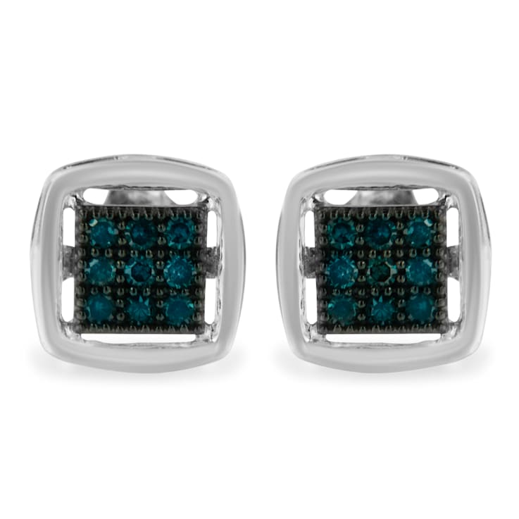Sterling Silver Rose Cut Treated Blue Diamond Square Stud Earring .25ctw