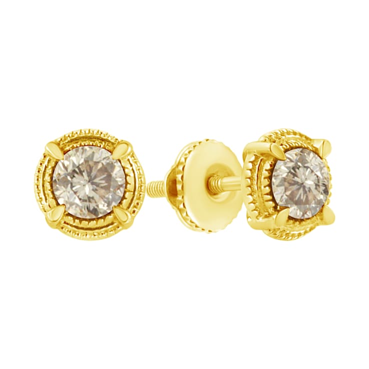 14K Yellow Gold Over Sterling Silver 1/3ctw Round Diamond Solitaire
Milgrain Stud Earrings