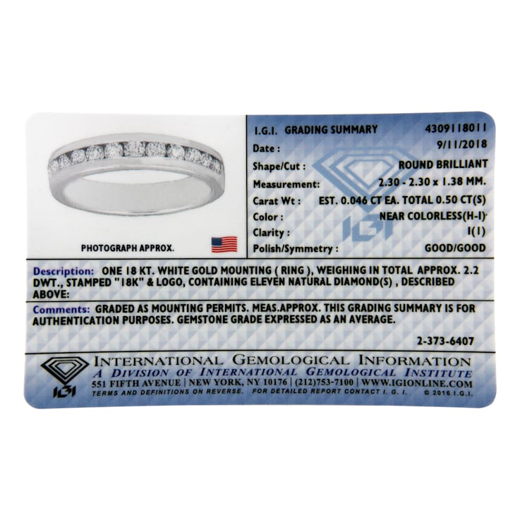 18K White Gold IGI Certified 1/2ctw Diamond Channel Set Eternity
Band(H-I Color, I1-I2 Clarity)
