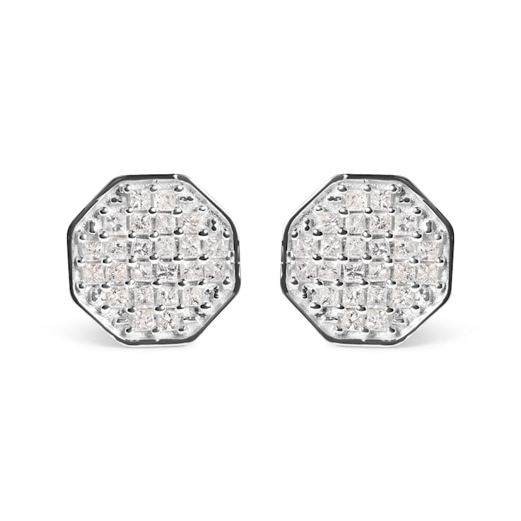 10K White Gold 7/8 Cttw Princess Diamond Composite Octagon Shaped Stud Earrings