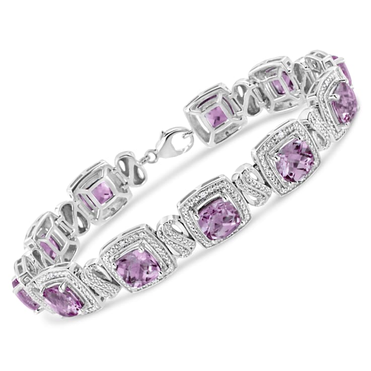 .925 Sterling Silver 7x7 mm Cushion Cut Amethyst and 1/10ctw Round
Diamond Tennis Bracelet