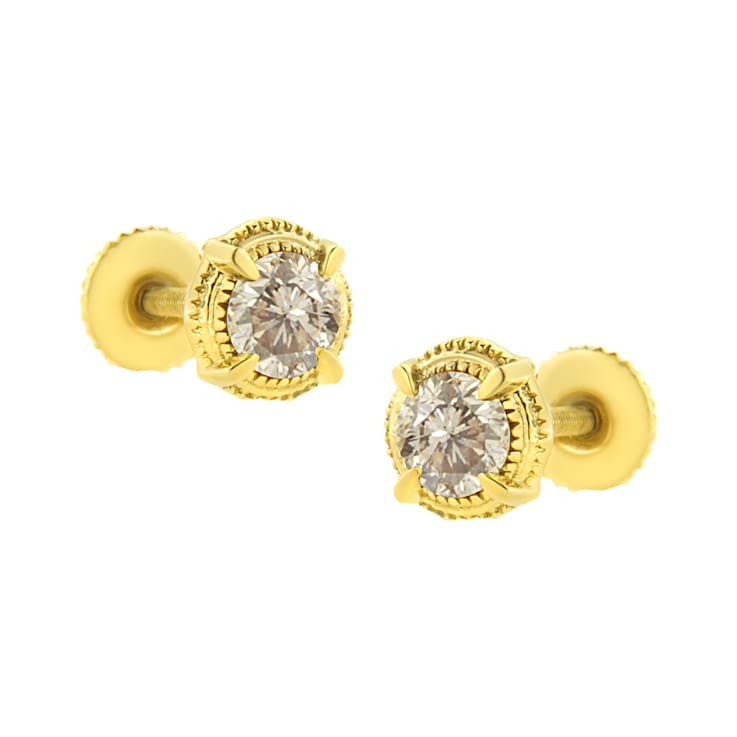 14K Yellow Gold Over Sterling Silver 1/2ctw Round Diamond Solitaire Stud Earrings