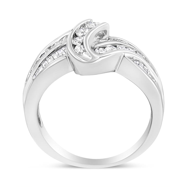 10K White Gold Ring 3/4ctw Round and Baguette-Cut Diamond Bypass Ring
(H-I Color, I2-I3 Clarity)
