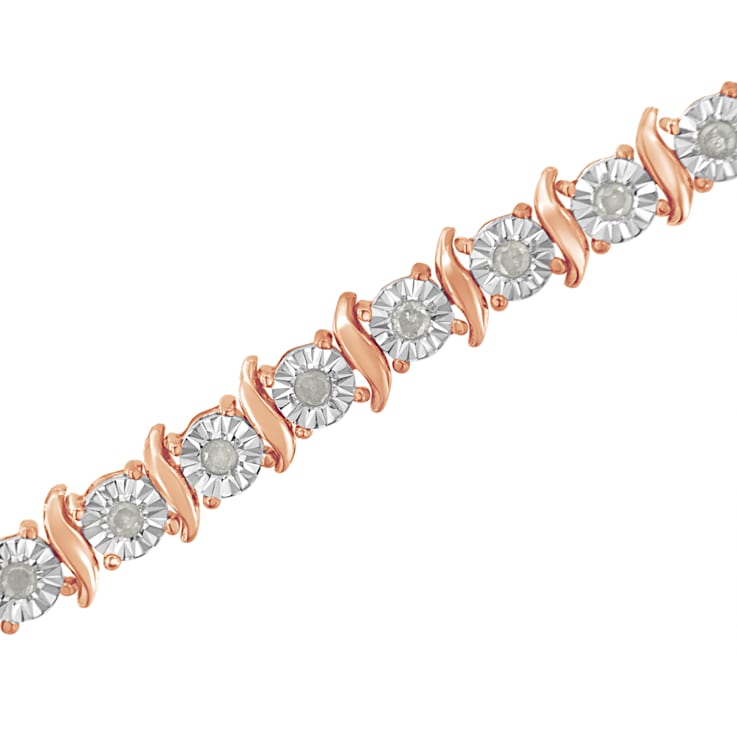 10K Rose Gold Over Sterling Silver 1.0 Ctw Diamond S-Curve Link Tennis Bracelet