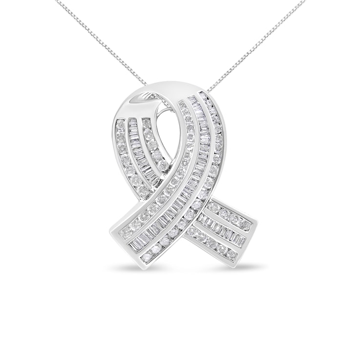 2.625ctw Round and Baguette Channel-Set Diamond Awareness Ribbon 14K
White Gold Pendant