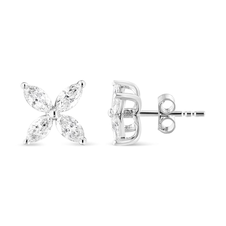 1.00ctw Marquise Diamond 8-Stone Floral Leaf 14K White Gold Stud Earrings
