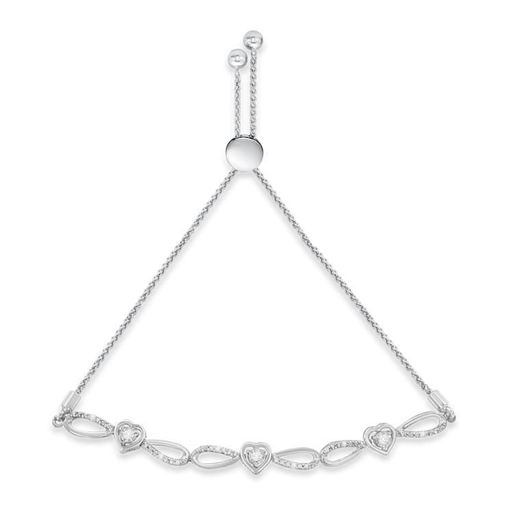 Sterling Silver .10ctw Diamond Triple Heart-in-Infinity Bolo Style
Adjustable Bracelet