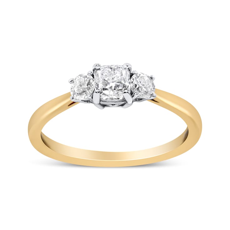 14K Yellow Gold 3/4 Cttw Cushion and Round-Cut Diamond 3 Stone
Engagement Ring