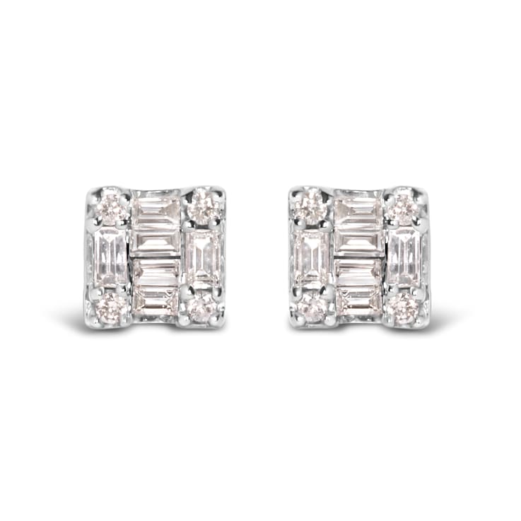 10K White Gold 1/7 Cttw Round and Baguette Diamond Mosaic Square Stud Earrings