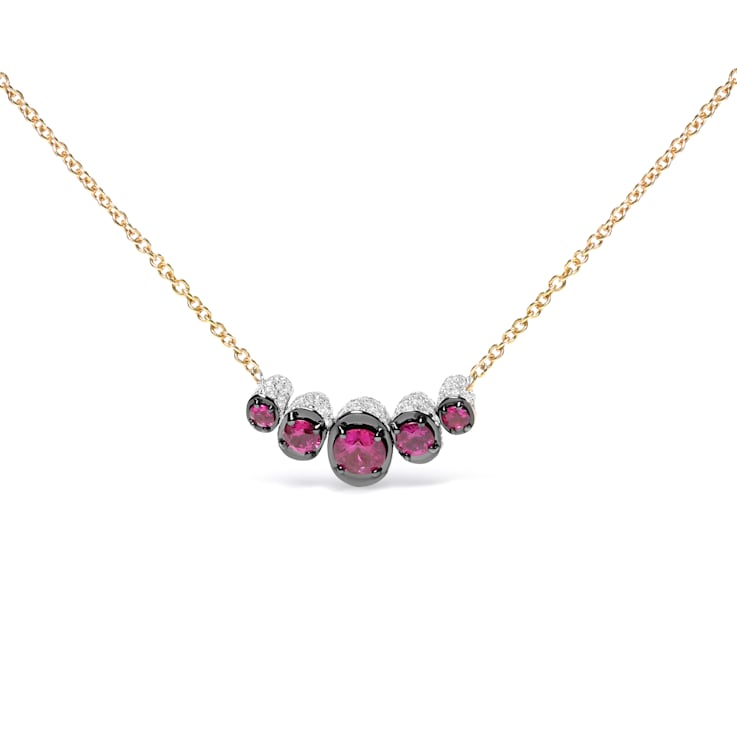 18K Rose Gold Multi-Size Round Ruby and Pave Round Diamonds Curved Bar Necklace