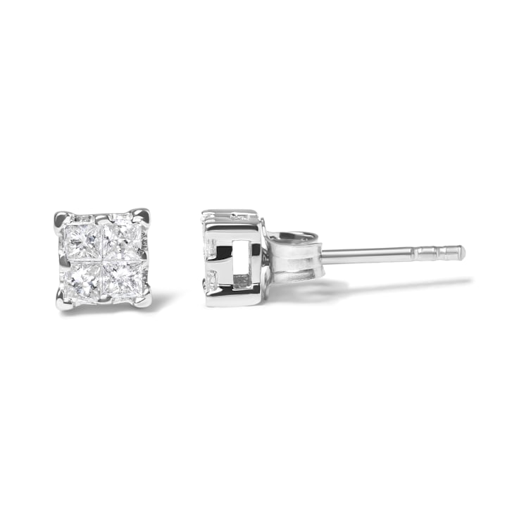 .925 Sterling Silver 1/4 Cttw Invisible Set Princess Diamond Composite
Quad Stud Earrings