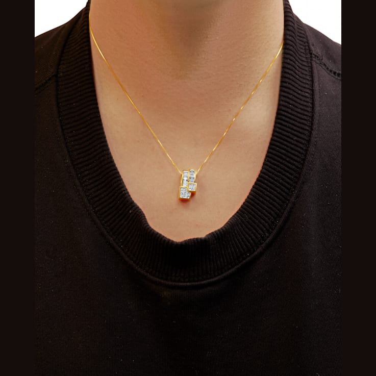 14K Yellow Gold 1 1/2 cttw Princess and Baguette Cut Diamond Geometric
Pendant Necklace