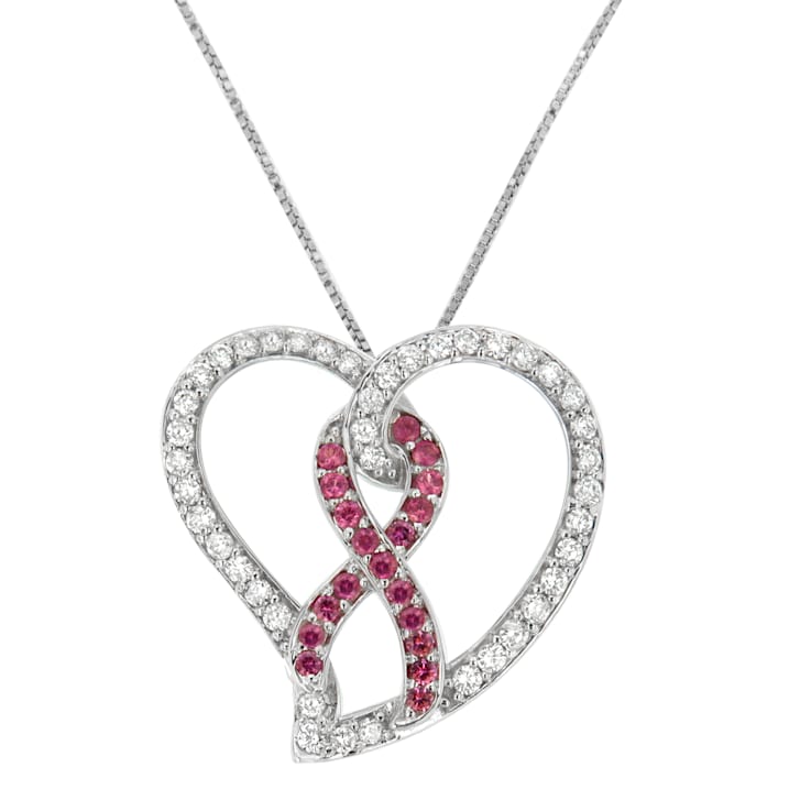 14K White Gold Diamond and Lab Created Pink Sapphire Awareness Ribbon
& Open Heart Pendant w\chain