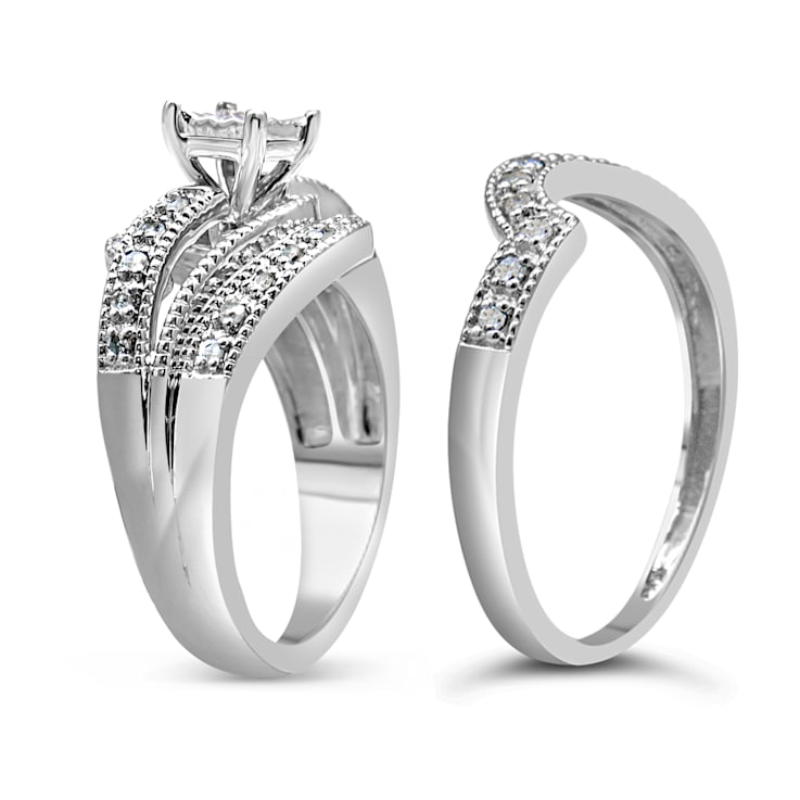 Sterling Silver 1/3ctw Diamond Crisscross Engagement Bridal Set