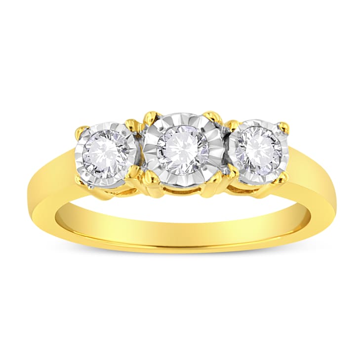 14K Yellow Gold Over Sterling Silver 1/2ctw Diamond Three Stone Ring
(J-K Color, I1-I2 Clarity)
