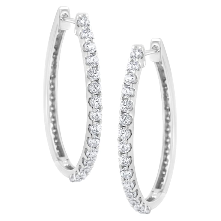 14K White Gold 2.0ctw Round Brilliant Cut Diamond Oblong Hinged
Leverback Hoop Earrings