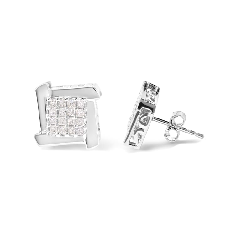 10K White Gold 1/2 Cttw Composite  Princess Diamond Square and Swirl
Stud Earrings
